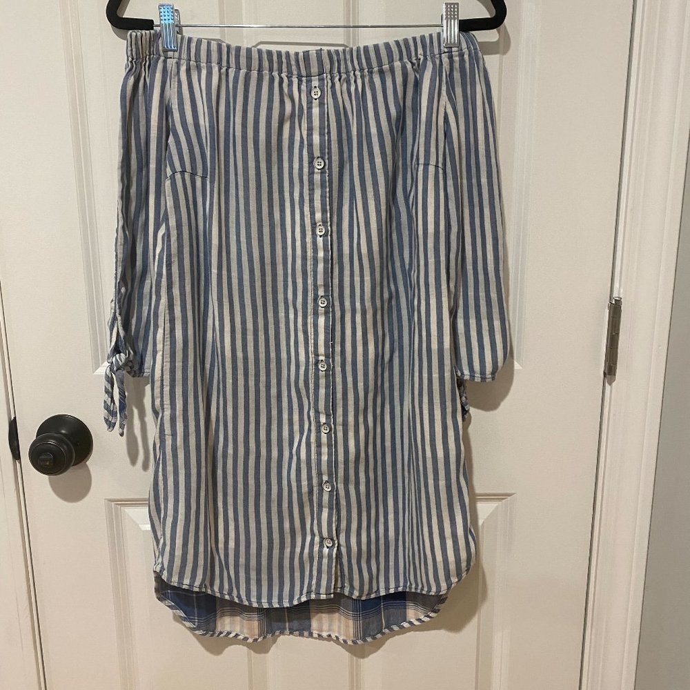 Blue & White Stripe Button Down Strapless Dress - Size Small